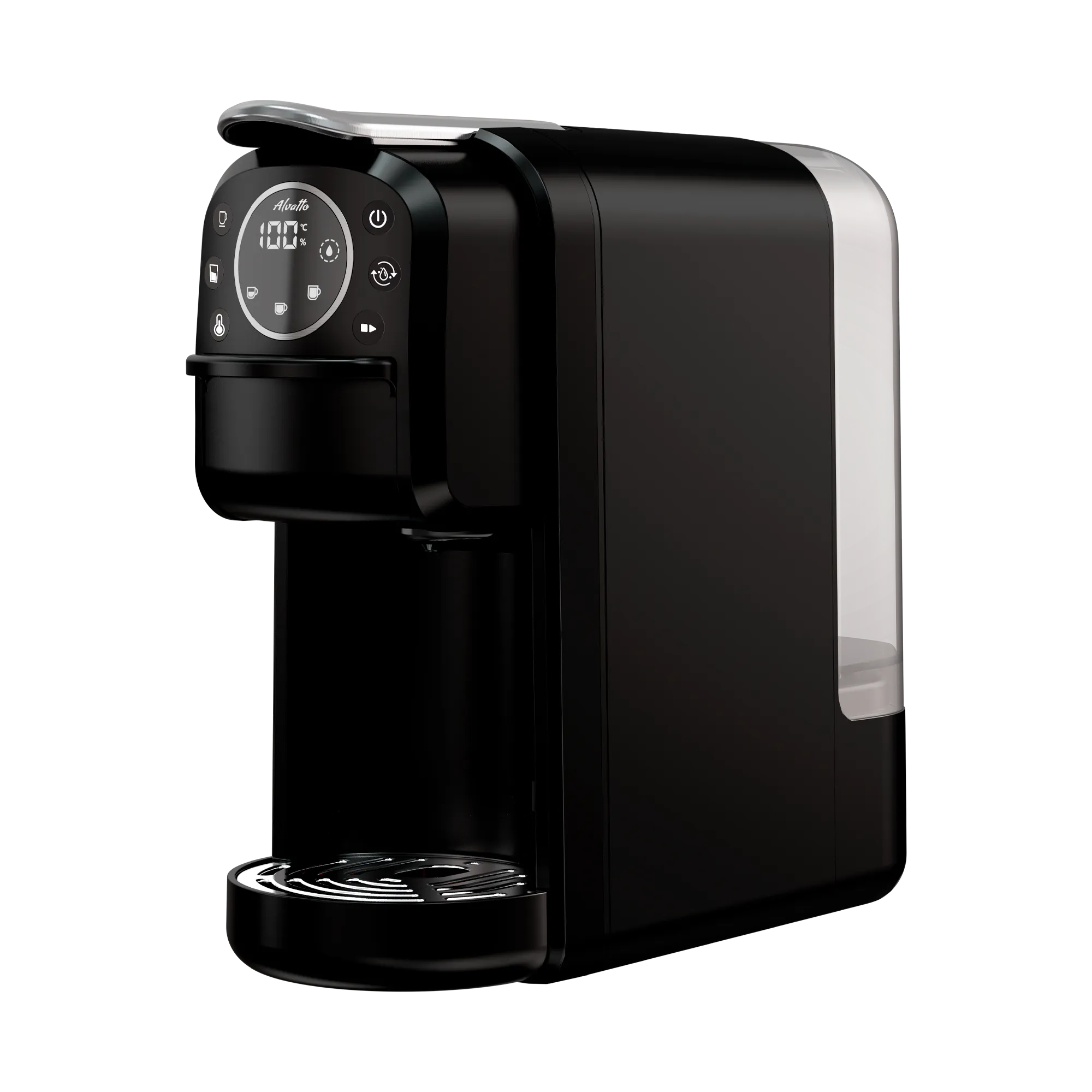 Универсальная кофемашина Альватто Прима Про 4-в-1 для капсул Неспрессо, Дольче Густо и молотого кофе, черная, 20 бар
